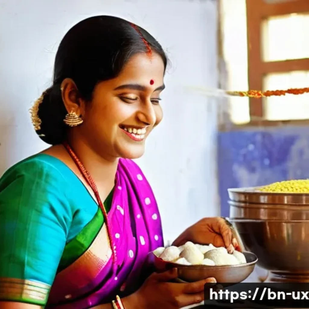 다양한 문화적 배경을 반영한 공감 UX - **Prompt:** A young Bengali woman in a vibrant saree, smiling warmly while preparing traditional swe...