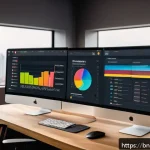 UX 디자인 프로세스에서의 공감 요소 - A modern UX designer workspace featuring a large monitor displaying a sleek app interface with warm,...