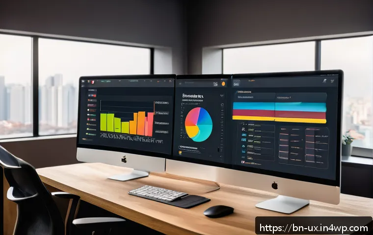 UX 디자인 프로세스에서의 공감 요소 - A modern UX designer workspace featuring a large monitor displaying a sleek app interface with warm,...